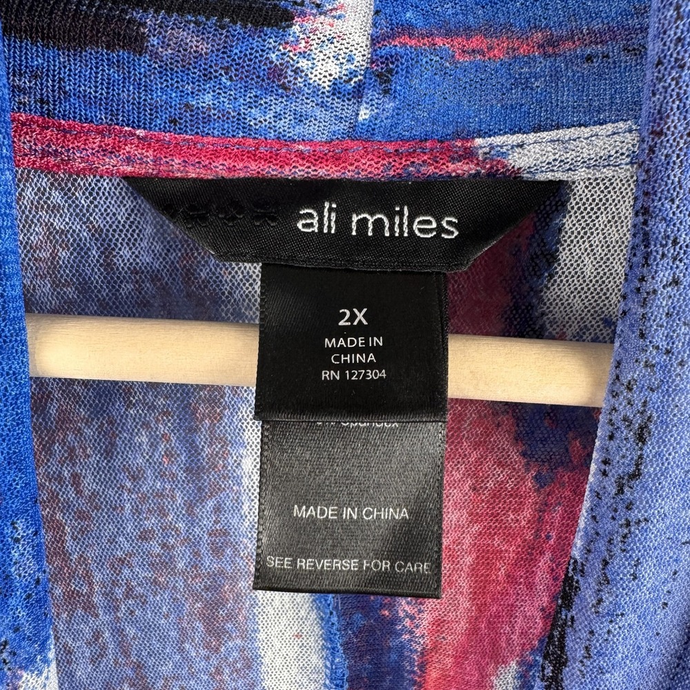 Ali Miles Cardigan Womens 2X Blue Pink Abstract Brushstroke Open Front Mesh - Picture 3 of 8